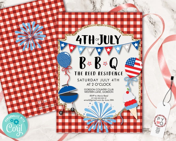 4th of July Celebrate BBQ Red Plaid Invitation Printable Template, Red White Blue Editable Party, Fireworks Independence Day Picnic Invite