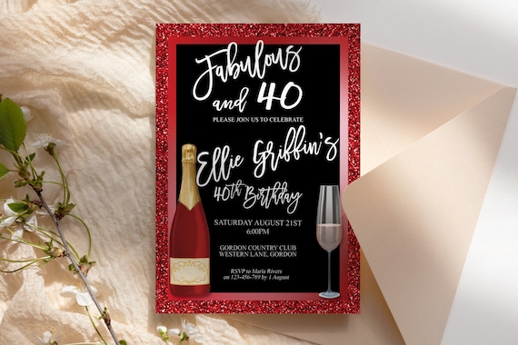 Any Age Red Glitter Gold Birthday Champagne Glass Invitation Printable Template, Scarlet White Editable Elegant Dinner Women, Printable Card