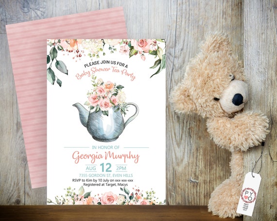 Blush Tea Party Floral Baby Shower Invitation, Baby Girl Shower Invitation, Printable Baby Shower, Editable Template, High Tea Baby Shower