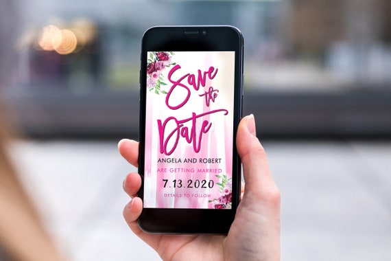 Hot Pink Save the Date, Electronic Invite, Floral Invitation, Stripe Bright Wedding, Smart phone SMS Digital Editable template, Eco Friendly