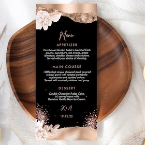 Menú floral en negro y oro rosa, menú editable, tarjetas de menú, menú de boda imprimible, menú de comida para fiestas, menú de flores, lista de buffet
