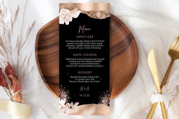 Rosegold Black Floral Menu, DIY Editable Menu, Menu Cards, Printable Wedding Menu, Party Food Menu Download, Flowers Menu, Buffet List