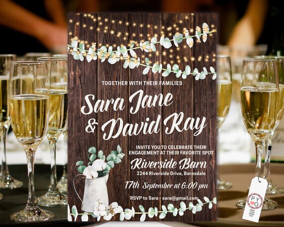 Rustic Engagement Invitation, Party Lights invitation, Woodfence invitation, Rustic Eucalyptus, Boho Wedding, Green Vines, Cotton Pods