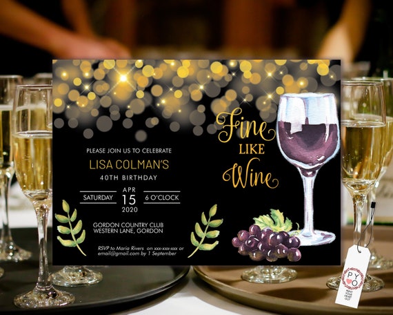 Wine Age Gold Birthday Invitation Printable Template, Sparkle Horizontal Birthday Party Invitation Women, Printable Grapes Red Wine Invite