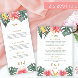 May include: Two printable wedding menu templates with tropical floral designs. The menus feature a white background with gold text and list the appetizer, main course, dessert, and ice cream options. The text on the menu reads "Menu", "Appetizer", "Main Course", "Dessert", "S & J", and "19.7.19".