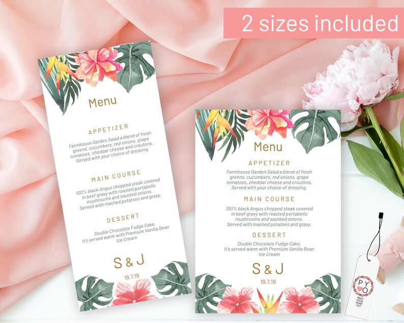 May include: Two printable wedding menu templates with tropical floral designs. The menus feature a white background with gold text and list the appetizer, main course, dessert, and ice cream options. The text on the menu reads "Menu", "Appetizer", "Main Course", "Dessert", "S & J", and "19.7.19".