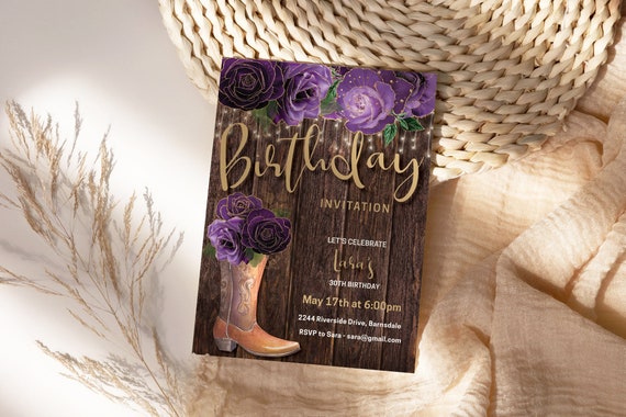 Country Birthday Purple Roses Cowgirl Boot Invitation Printable Template,  Lavender Floral Editable Barn Party Invite Women, Printable Card