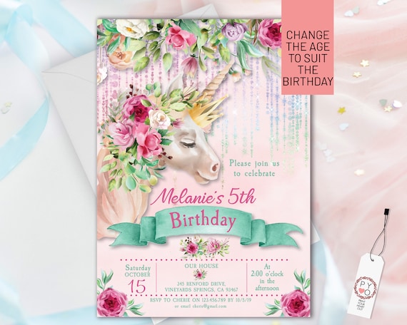 Flower Unicorn Birthday Invitation Printable Template, Editable Invitation, Any Age Birthday, Pink Unicorn Party, Girls Age Birthday