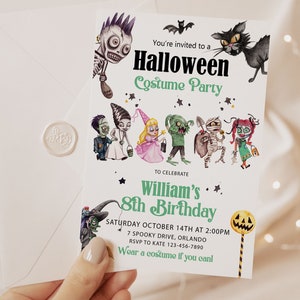 May include: A white Halloween costume party invitation card featuring illustrations of a skeleton, black cat, bat, and various costumed characters. Text includes "You're invited to a Halloween Costume Party" and "William's 8th Birthday" with event details.