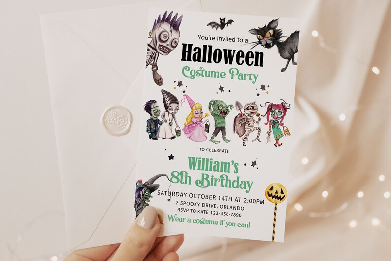 May include: A white Halloween costume party invitation card featuring illustrations of a skeleton, black cat, bat, and various costumed characters. Text includes "You're invited to a Halloween Costume Party" and "William's 8th Birthday" with event details.