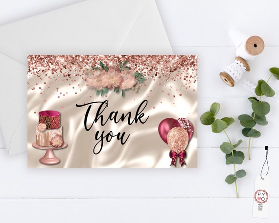 INSTANT DOWNLOAD - Rosegold Glitter Burgundy Cake Thank You Card, Thank you postcard, Diy thank you card,  Thank you pdf, Thank you notes