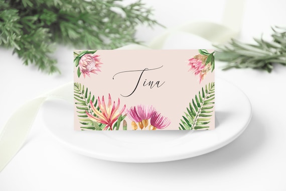 King Protea Placecard Template, DIY Editable Cards, Printable Table Setting, Floral Tropical Cards, Pink Greenery Download, Flower Placecard