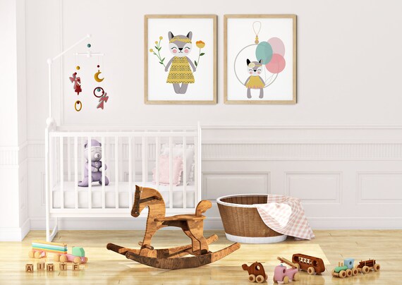 Modern Boho Cats Art Print Set | Printable Nursery Art | Cat Flowers Hoop Kids Room | Baby Room Wall | Girl Nursery Decor | Set 2 Prints