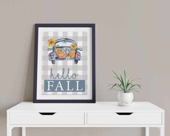 Country Hello Fall Pumpkin Digital Print | Printable Autumn Art | Fall Print | DIY Plaid Wall Art | Farmhouse Style Art | Instant Download