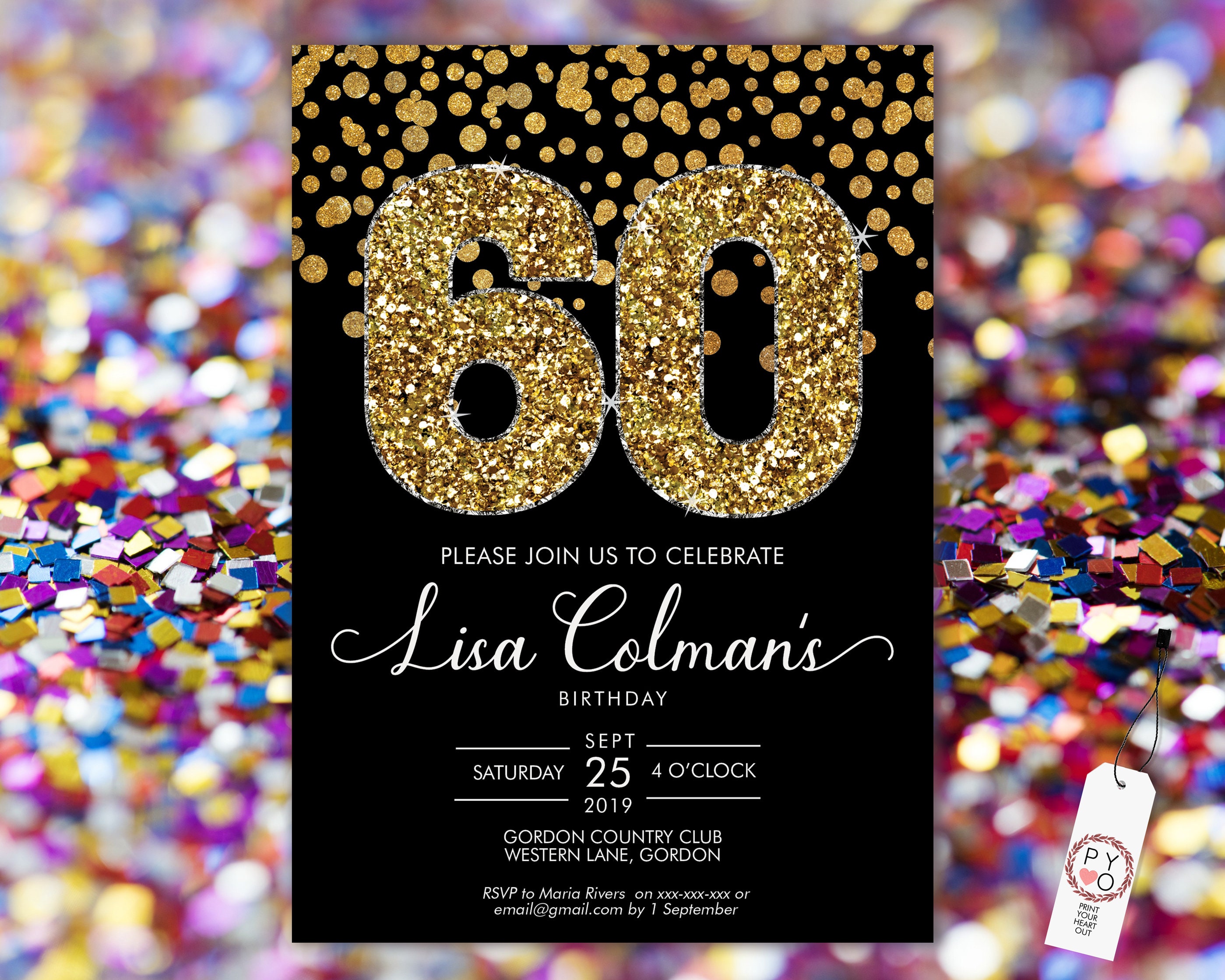 DIY 60th Birthday Confetti Invitation Printable Template Black Gold 