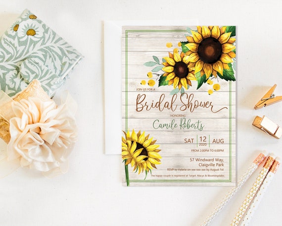 Rustic Sunflower Bridal Shower Invitation, Wood Country Shower Invitation, Printable Bridal Shower, Editable Template, Watercolor Yellow