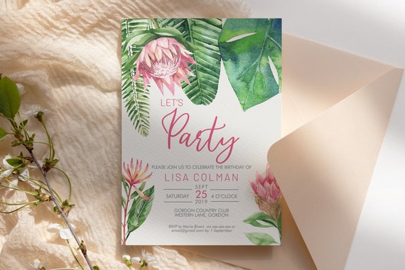 King Protea Birthday Invitation Printable Template, Lets Party Editable Birthday Invite Women, Tropical Leaves Invitation, Monstera Leaves