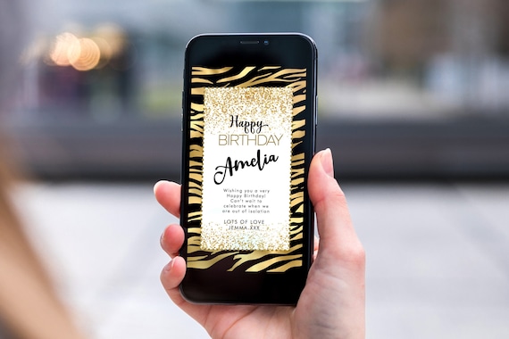 Gold Tiger Glitter Electronic Birthday, Smartphone SMS Digital Editable template, EcoFriendly, Electronic Black Gold eCard Birthday Greeting