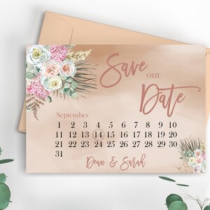 Calendrier floral bohème beige, réservez notre date, rustique, réservez la date, feuille de feuillage séché imprimable, date, économiseur de verdure verdure, date de référence numérique
