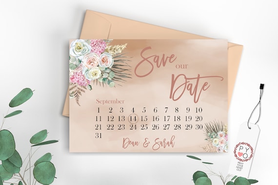 Boho Beige Floral Calendar Save Our Date, Rustic Save the Date, Printable Dried Foliage Leaves Date, Greenery Date Saver, Digital Save Date