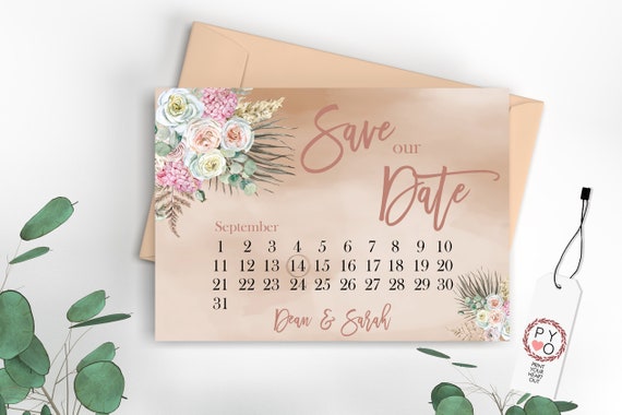 Boho Beige Floral Calendar Save Our Date, Rustic Save the Date, Printable Dried Foliage Leaves Date, Greenery Date Saver, Digital Save Date