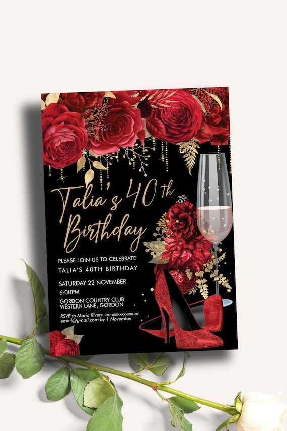 Red Glitter Stiletto Birthday Invitation: Champagne Heels Party (Printable Template)
