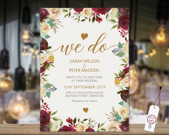 Burgundy Floral Wedding Invitation, Cream Rose Invitation, Watercolor Fall Invitation, Printable Gold, Editable Template, Floral Wedding