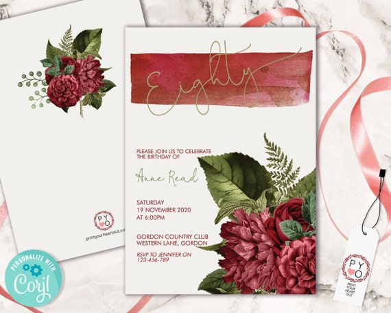 80th Birthday Burgundy Green Floral Invitation Printable Template, Eighty Editable Birthday Invitation for Women, Printable Eighty Party