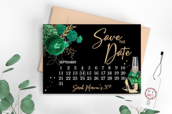 Green Gold Glitter Shoes Calendar Save Our Date, Elegant Save the Date, Printable Emerald Floral, Glamorous Date Saver Digital Save Date