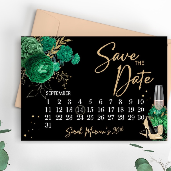 Green Gold Glitter Shoes Calendar Save Our Date, Elegant Save the Date, Printable Emerald Floral, Glamorous Date Saver Digital Save Date