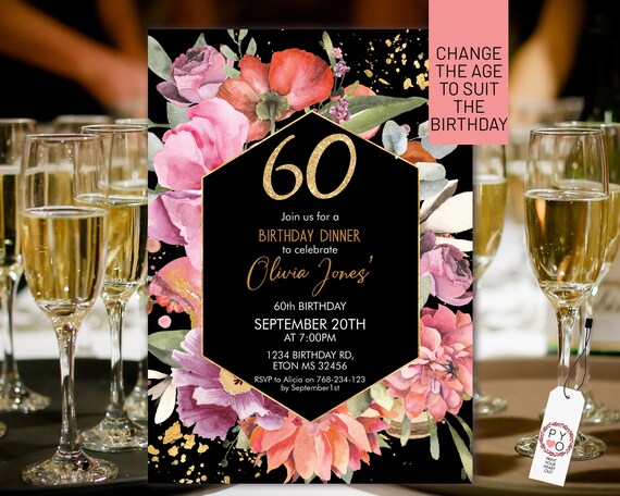 Any Age Birthday Gold Floral Glitter Black Invitation Printable Template, Purple Editable Flowers Women,  Bright Gold Frame Dinner Invite