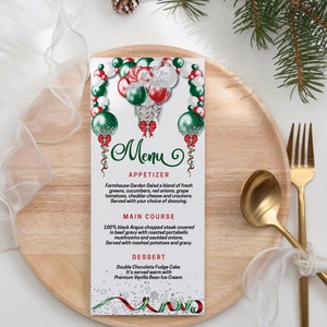 May include: A Christmas menu card with a festive design. The menu features a green and red color scheme with decorative ornaments and ribbons. The menu includes appetizer, main course, and dessert options.