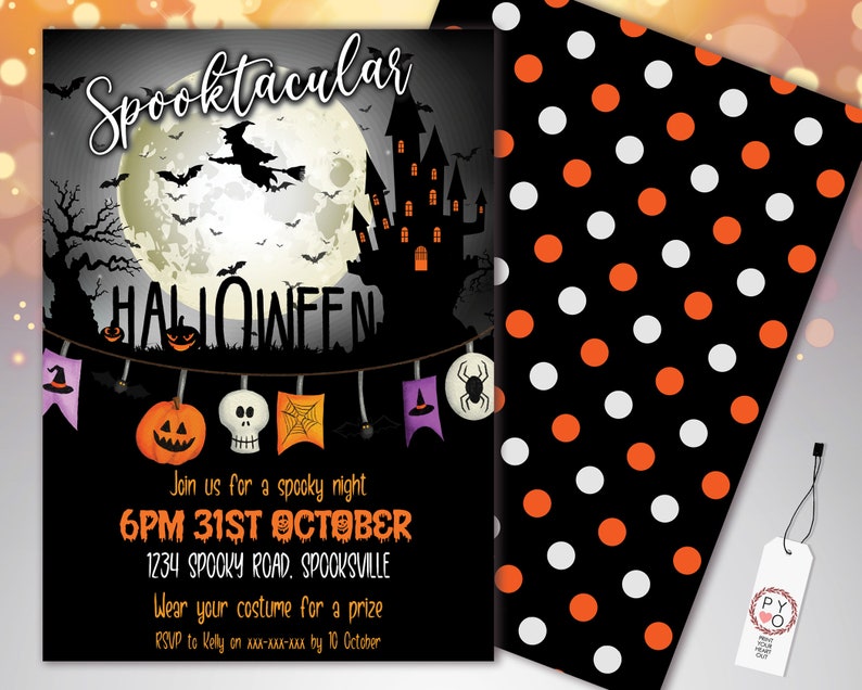 May include: Halloween invitation with a spooky theme. Features a full moon, witch, haunted house, and bats. The text reads "Spooktacular" and "Halloween". Includes details for a Halloween party: date, time, location, and RSVP information.