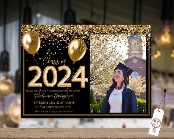 Class of 2024 Gold Photo Graduation Invitation Printable Template, Glitter Editable, Graduate Editable Invite, High School, College Grad