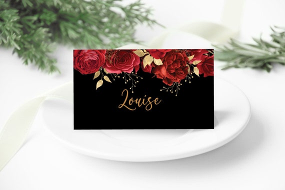 Black Red Rose Floral Placecard Template, DIY Editable Cards, Printable Table Setting, Birthday Dinner Card Download, Gold Red Placecard