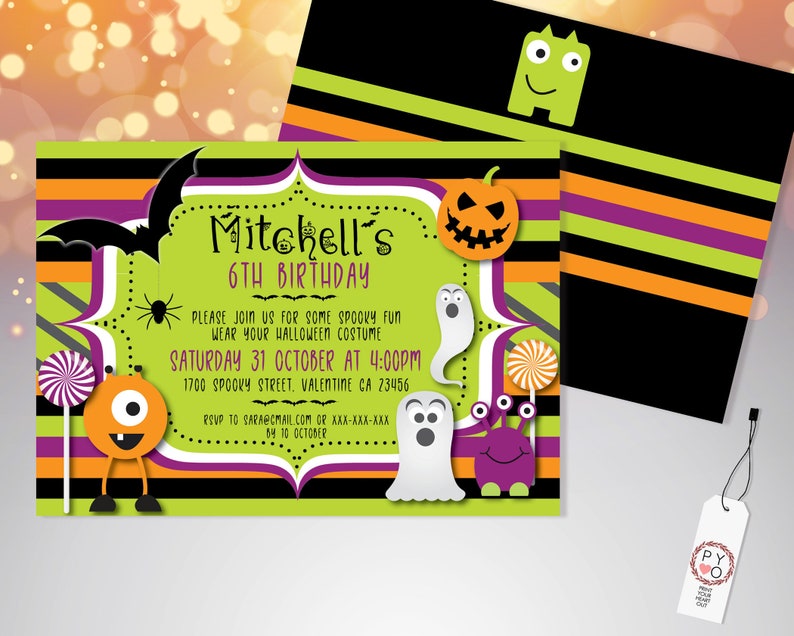 Op de afbeelding: Halloween-verjaardagsuitnodiging met een limoengroene achtergrond en oranje, paarse en zwarte accenten. De uitnodiging bevat cartoongeesten, een pompoen en de tekst "Mitchell's 6th Birthday". Inclusief een bijpassende envelop.