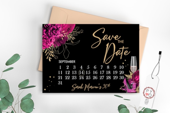 Hot Pink Glitter Shoes Calendar Save Our Date, Elegant Save the Date, Printable Magenta Floral Gold, Glamorous Date Saver Digital Save Date