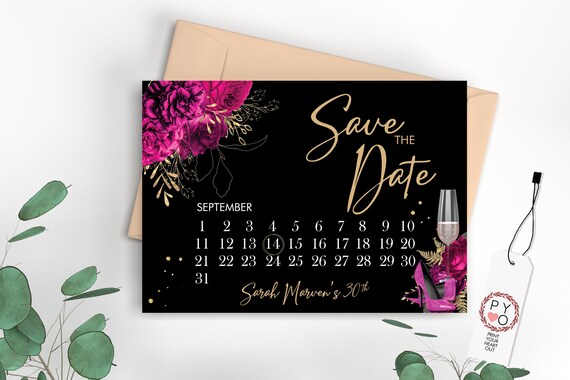 Hot Pink Glitter Shoes Calendar Save Our Date, Elegant Save the Date, Printable Magenta Floral Gold, Glamorous Date Saver Digital Save Date