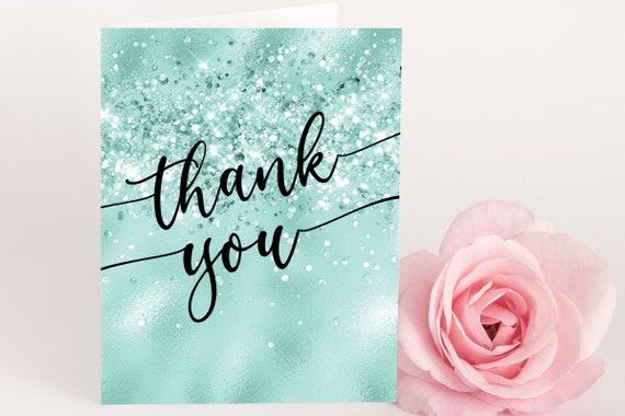 Digital DIY Edit Template Thank You Card, 4x6 Mint Green Glitter Black Text, Folded Thanks Card, Birthday Shower Thank You Card