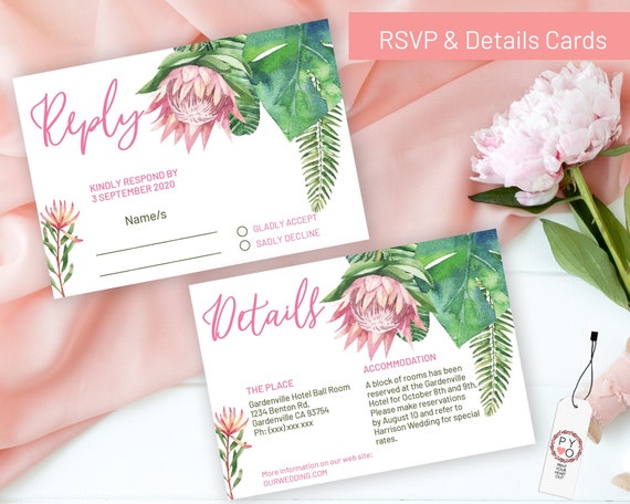 King Protea Wedding Reply Details, Tropical Theme RSVP, Rehearsal Reply, Watercolor Hawaii Cards, Printable, Editable Details Template