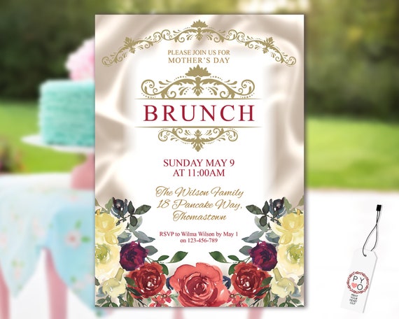 Mother's Day Brunch Burgundy Floral Invitation Printable Template, Ivory Satin Gold Editable Dinner Invite for Mom, Printable Orange Flowers