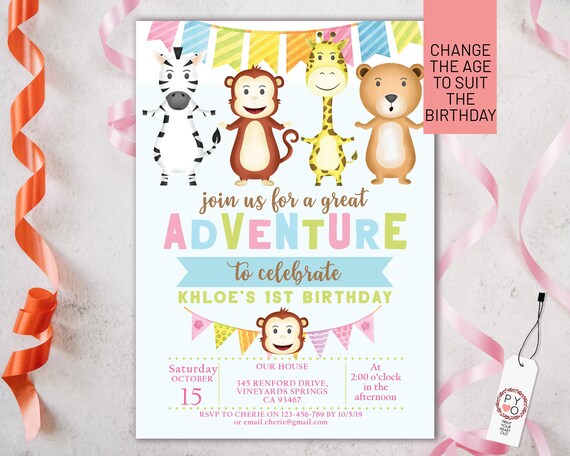 Adventure Animal Birthday Invitation Printable Template, Editable Invitation, Any Age Birthday, Monkey, Giraffe, Bear Party, Age Birthday