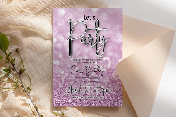 Purple Lilac Glitter Chrome Invitation Printable Template, Drinks Glitter Editable Birthday Lets Party Invite for Women, Mauve Bokeh Lights