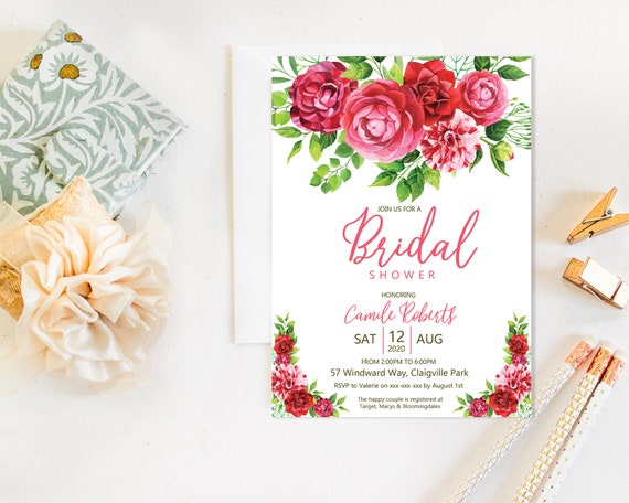 Camelia Garden Bridal Shower Invitation, Pink Floral Shower Invitation, Printable Bridal Shower, Editable Template, Watercolor Red Flowers