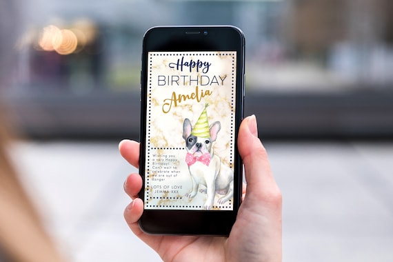 French Bulldog Navy Gold Marble Electronic Birthday, Smartphone SMS Editable template,EcoFriendly, Electronic Puppy eCard Birthday Greeting