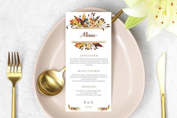 Autumn Leaves Wedding Menu, DIY Editable Menu, Menu Cards, Garden Printable Menu, Fall Wedding Menu, Party Menu, Menu Download, Flowers Menu