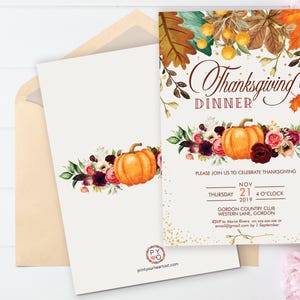 Thanksgiving Invitation Floral Pumpkin Bundle | Welcome Sign, Menu, Placecard, Friendsgiving Dinner image 2