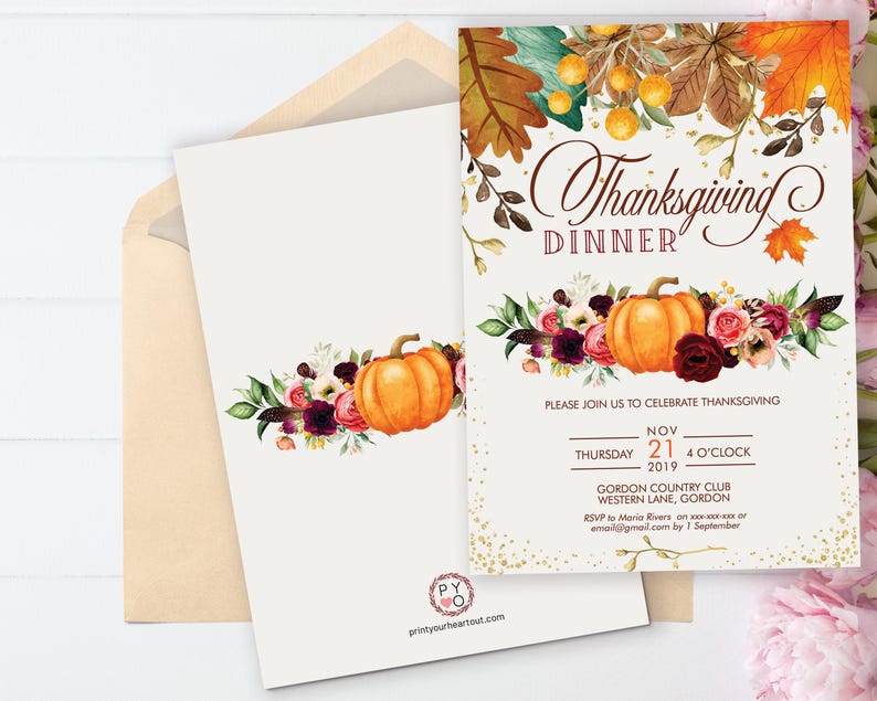 Thanksgiving Invitation Floral Pumpkin Bundle | Welcome Sign, Menu, Placecard, Friendsgiving Dinner image 2
