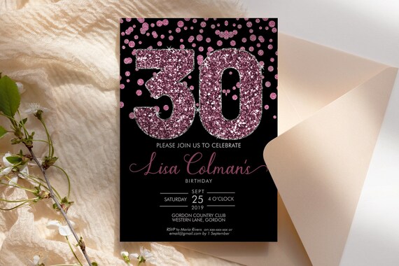 30th Birthday Confetti Invitation Printable Template, Pink Glitter Editable Birthday Party Invitation for Women, Printable Invitation