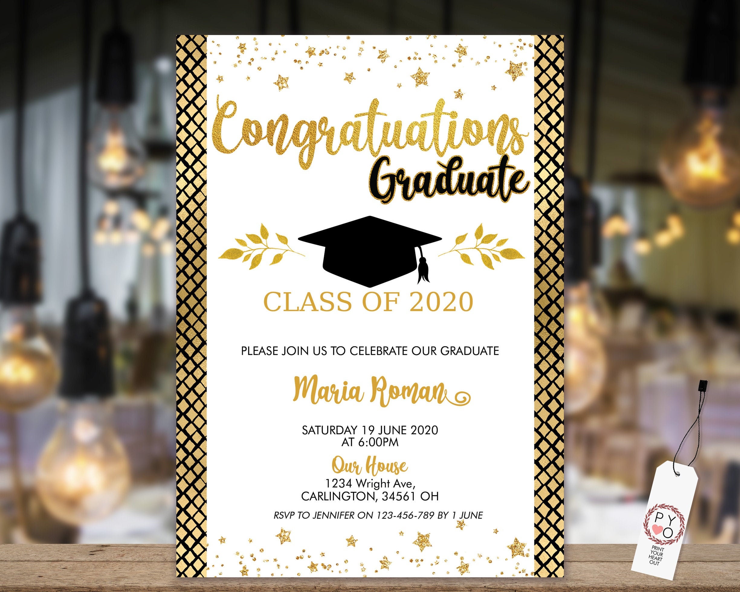 Congratulations Gold Graduation Invitation Printable Template, Gold